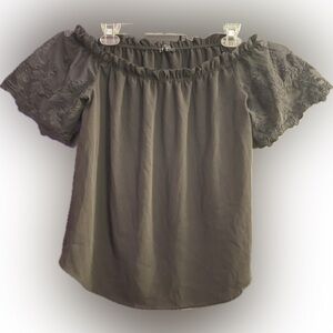 Off the Shoulder Black Top with Sheer Floral Lace Sleeves